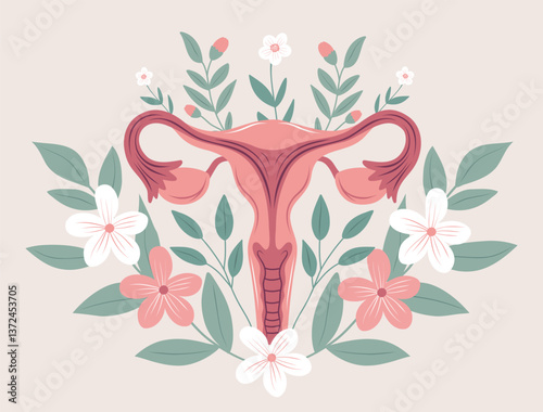 Detailed vector illustration of a uterus surrounded by flowers and leaves symbolizing fertility and health. The composition combines anatomical and botanical elements. Women's health.