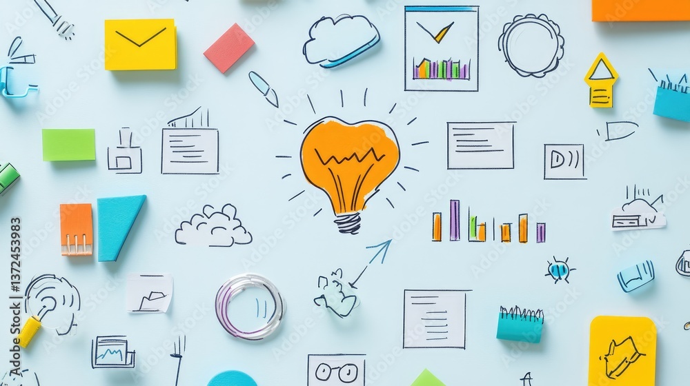Flat lay of digital marketing strategy notes with infographics on SEO performance, influencer marketing, and ad reach.