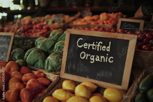 Fresh organic vegetables and fruits displayed at a market stall with a sign indicating their certified organic origin