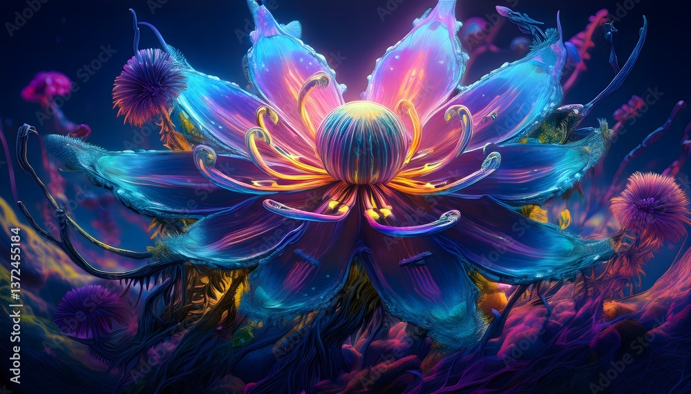 Obraz premium Bioluminescent alien flower blooming in a dark fantasy world