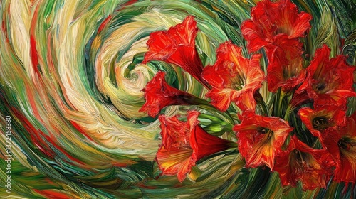 Red flowers amidst colorful brushstrokes in a beautiful abstract painting