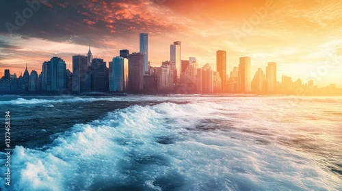 New York City skyline at sunset over rippling water