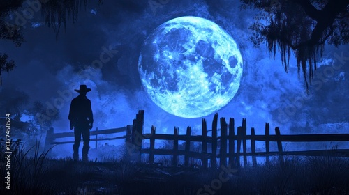 Lone cowboy gazing at giant moon, night, swamp