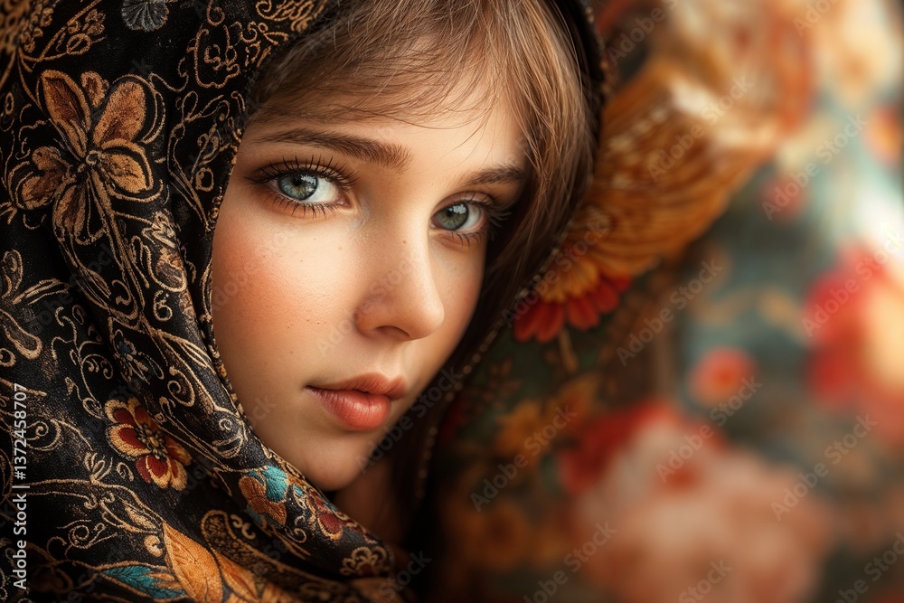 Young woman expressing beauty in traditional scarf with floral background. Traditional Russian Matryoshka Dolls Folklore Young woman expressing beauty in traditional scarf with floral background. Traditional Russian Matryoshka Dolls Folklore