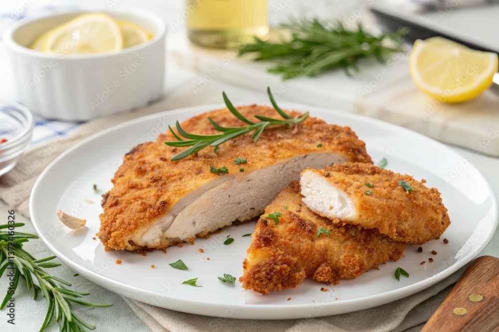 Crispy Chicken With Fresh Herbs and Lemon Garnishing Plate Generative AI Crispy Chicken With Fresh Herbs and Lemon Garnishing Plate Generative AI