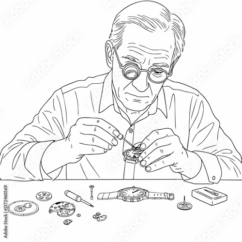 Watch Repairer Fixing Mechanical Timepiece – Vintage Craft Vector