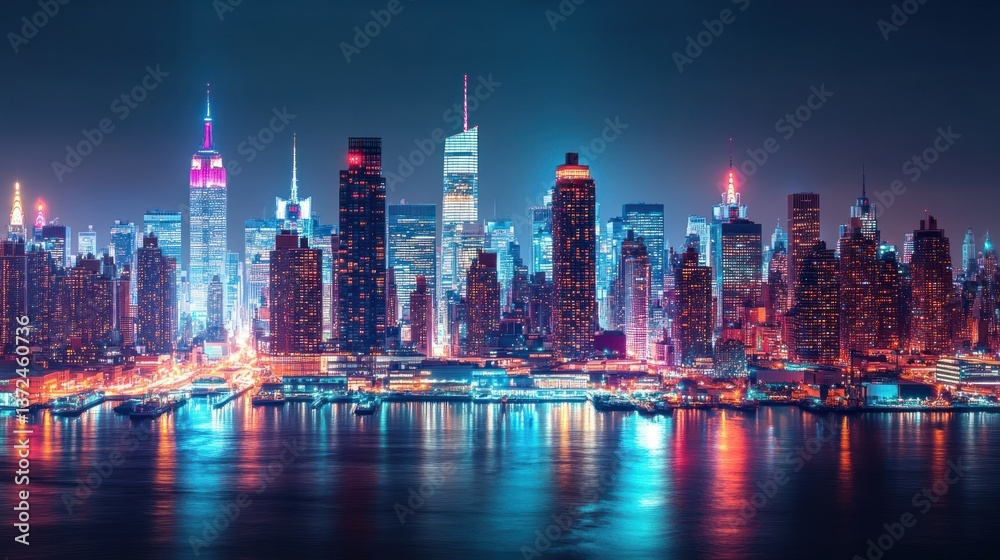 Fototapeta premium Night view of illuminated New York City skyline reflected in water