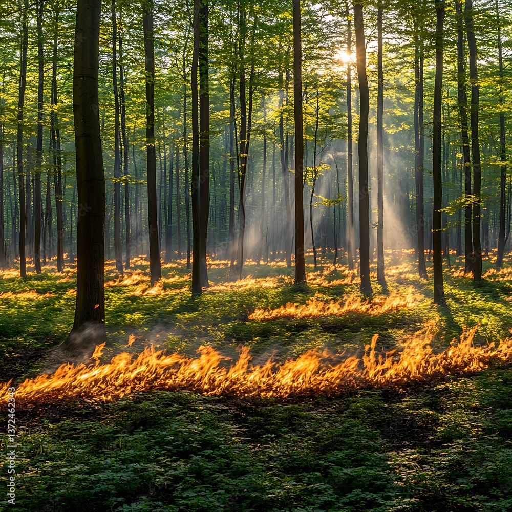 Obraz premium Forest Fire Sunrise Through Trees