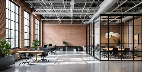 Contemporary office interior with industrial design, exposed architecture, and modern furniture on a clean background. Concept of creative workspace. Ai generative