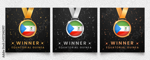 Equatorial Guinea Winner set. Medals featuring the flag design, displayed on a dark background with gold and silver confetti accents and sparkling highlights.