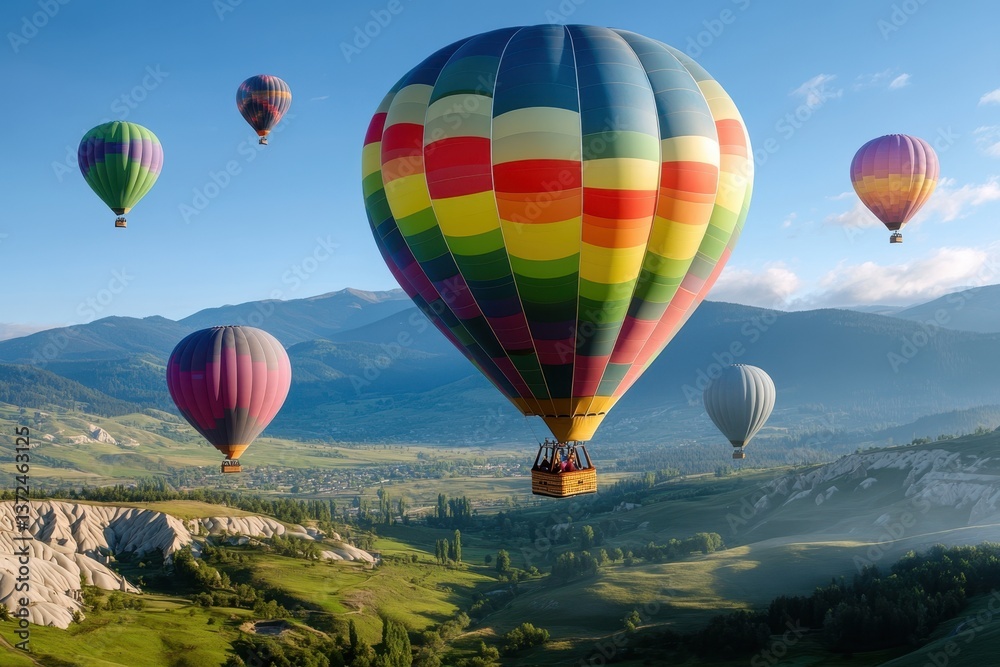 Obraz premium Colorful hot air balloons soar above lush valleys and distant mountains during a sunny day