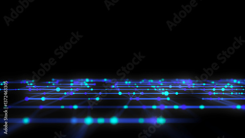 Abstract grid with blue light on black background. Science background with moving dots and lines. Network connection technology. Digital structure with particles. 3d rendering.