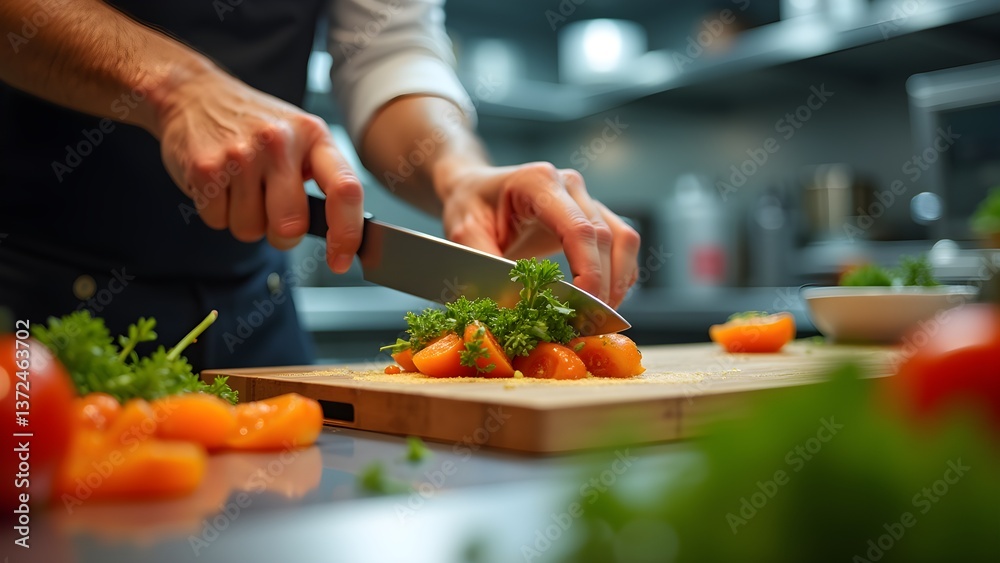 Chef expertly slices tomatoes and parsley on a wooden board in a professional kitchen. Chef expertly slices tomatoes and parsley on a wooden board in a professional kitchen.
