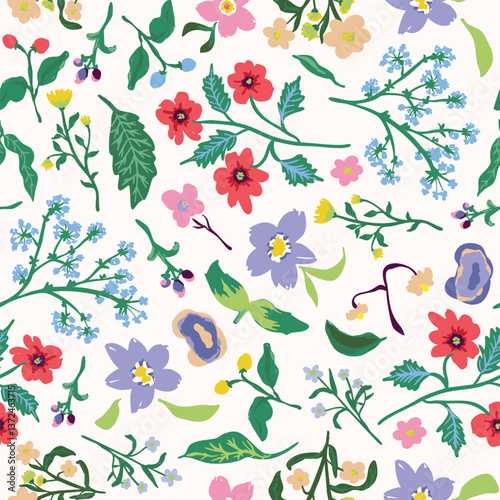 Hand drawn wild flowers seamless repeat pattern. Random placed, vector botany aop, all over surface print on white background.