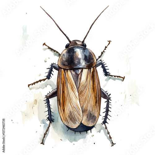 A watercolor of a cockroach, isolated on a white background. Cockroach vector.

