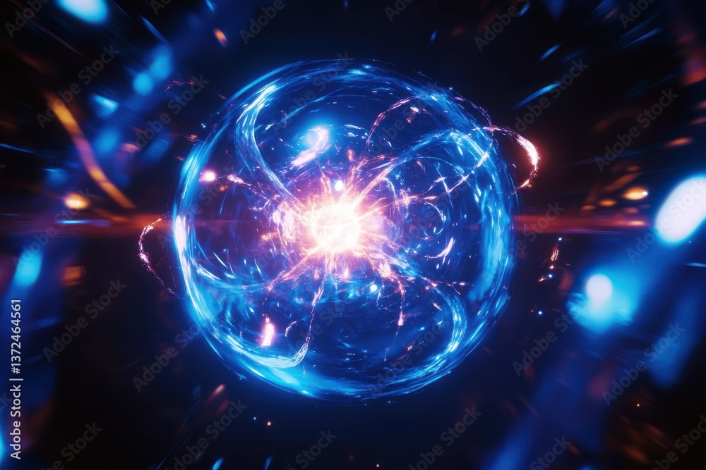 Obraz premium Vibrant energy sphere pulsating with blue and orange light in a dark, abstract space