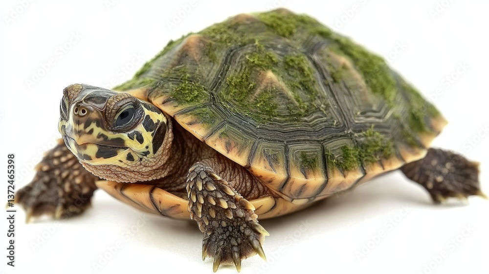 Obraz premium Charming colorful watercolor portrait featuring a tiny smiling turtle isolated on a serene white background