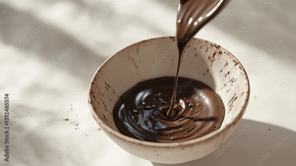 Fototapeta premium A stream of rich cocoa liquid gracefully entering a raw-edge ceramic bowl on a sunlit white surface, warm highlights and soft shadow play, organic textures