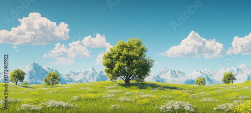 Serene Landscape: A picturesque panorama of rolling green fields dotted with trees under a bright blue sky. Majestic mountains loom in the background, framed by fluffy white clouds