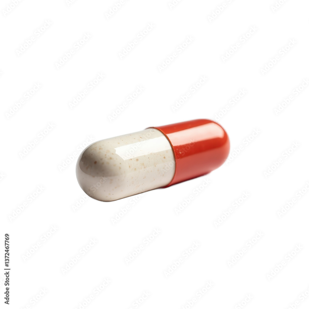 A single red and white capsule pill with a speckled texture on a transparent background. A single red and white capsule pill with a speckled texture on a transparent background.