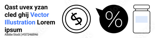 Black dollar sign, percentage speech bubble, and pill bottle form a focus on savings, discounts, health, and financial themes. Ideal for healthcare, economics, finance sales medicine negotiation