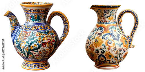 Sicilian ceramic jug with a colorful pattern, isolated on a transparent background