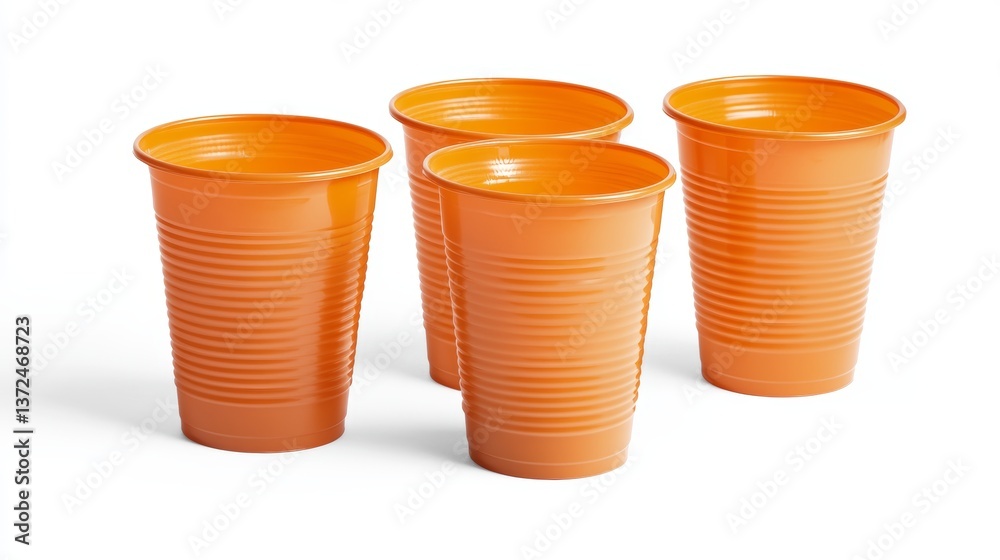 A vibrant collection of wrinkly orange plastic cups isolated on a pristine white background for modern creative projects A vibrant collection of wrinkly orange plastic cups isolated on a pristine white background for modern creative projects