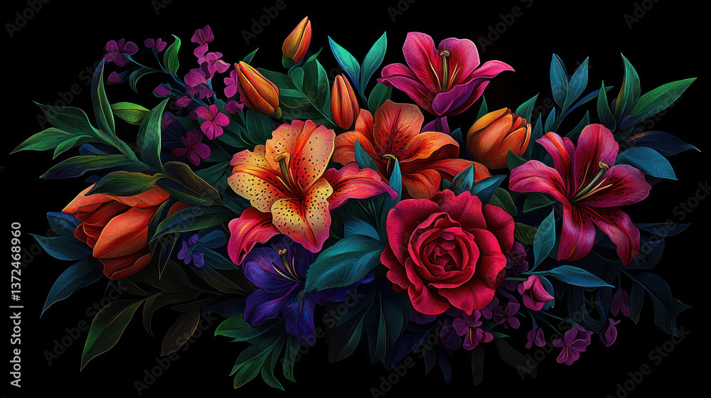 Beautiful summer colorful flower bouquet with leavs on dark decorative background as wallpaper illustration, Elegant Colorful Flower Beautiful summer colorful flower bouquet with leavs on dark decorative background as wallpaper illustration, Elegant Colorful Flower