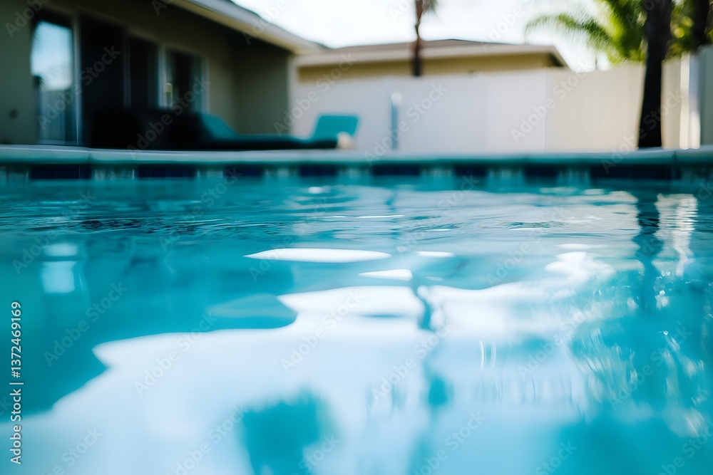 Fototapeta premium Pool view. Water ripple, home, sun. Summer day. Relaxing