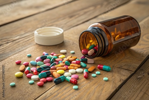 Spilled Multicolor Medication Pills From an Amber Bottle Generative AI