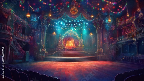 Ornate Theater Stage with Festive Lighting