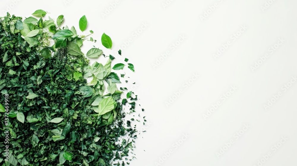 Fototapeta premium Green Eco Friendly Recycling Symbol Constructed With Leaves And Natural Elements On White Background With Ample Copy Space