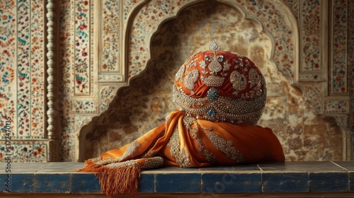 Ornate turban displayed in a decorated room. Possible use Stock photo