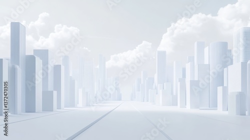 3D render of an abstract white background with a futuristic city landscape, featuring simple geometric shapes and clouds