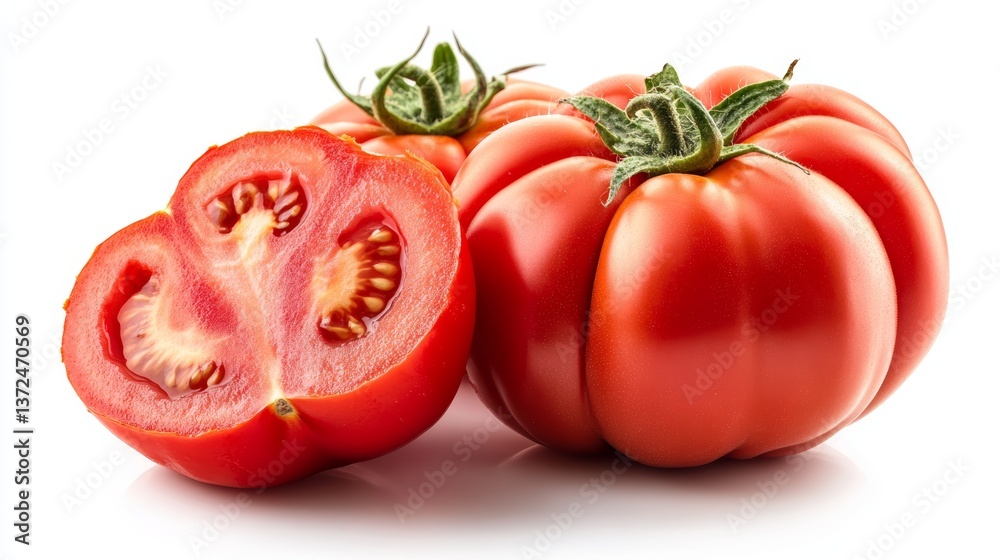 Juicy Sliced Tomato Vegetable Element Captured in Closeup On White Background for Creative Projects Juicy Sliced Tomato Vegetable Element Captured in Closeup On White Background for Creative Projects