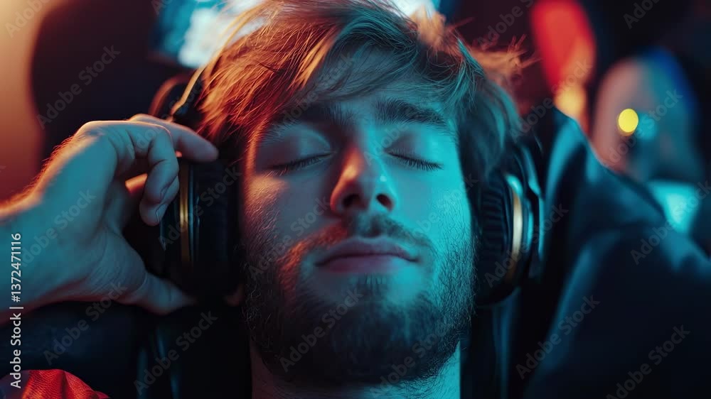 Young man relaxing with his eyes closed, enjoying music through his headphones. Gamer resting from long gaming session