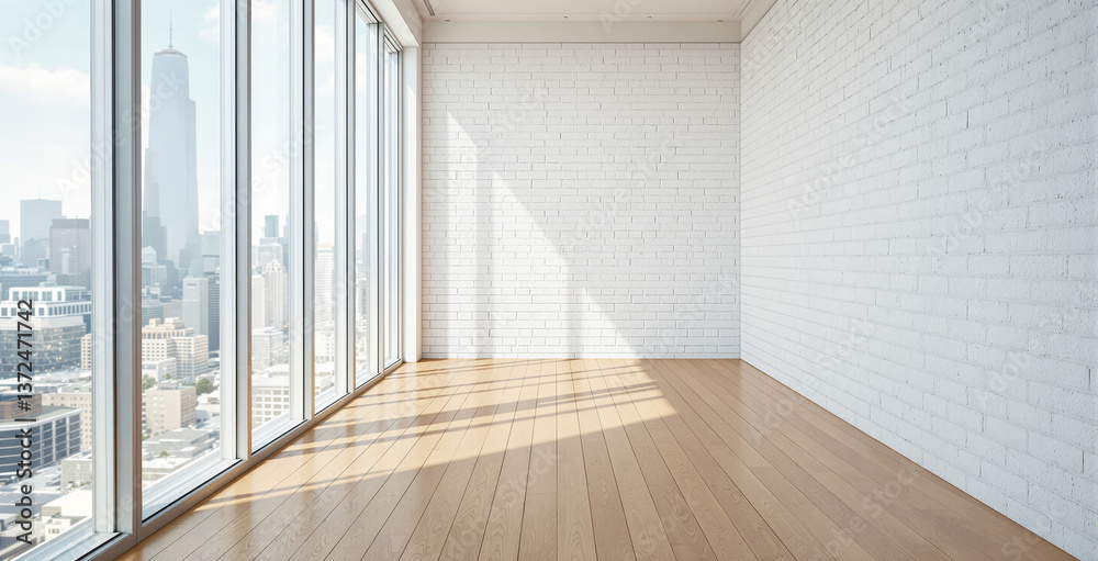 Obraz premium Empty modern interior with white brick wall and wooden floor, sunlight through large windows, clean mockup space for poster or advertising design. Ai generative