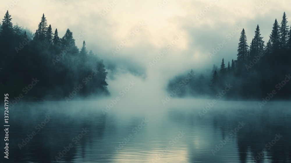 Fototapeta premium Ethereal vista of misty river, tranquil waterway obscured by dense fog embracing the forest