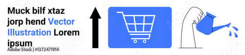 Upward arrow beside a blue shopping cart box and hand with watering can spilling water drops. Ideal for growth, retail, shopping, nurturing, e-commerce, sustainability, simple landing page