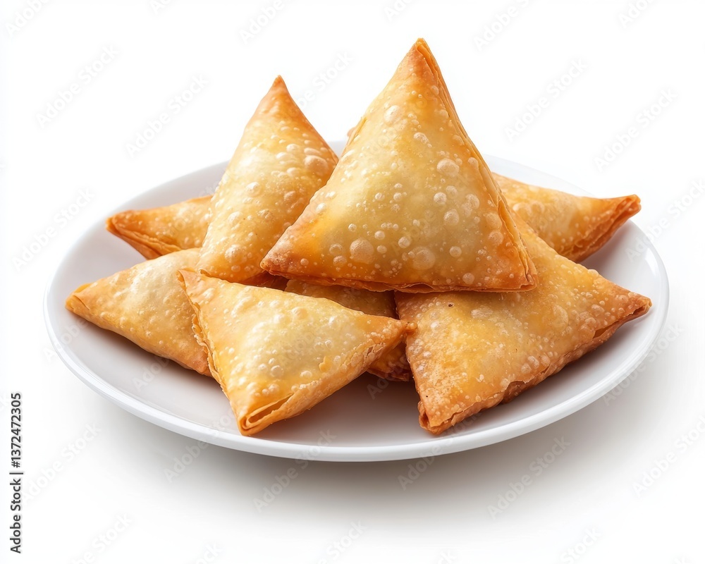 Vibrant Realistic Photograph Overhead of Plate Containing Deepfried Samosas and Crispy Snack Delicacies Vibrant Realistic Photograph Overhead of Plate Containing Deepfried Samosas and Crispy Snack Delicacies