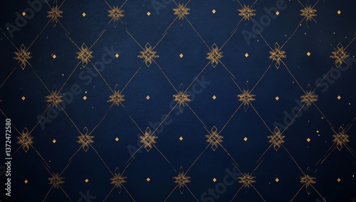 Dark navy blue background with a gold geometric pattern.  A textured, slightly blurred,  decorative design features a repeating diamond shape pattern with golden starburst accents and dots