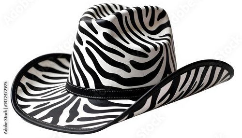 A stylish cowboy hat with a black and white zebra pattern, representing individuality. The bold design offers a modern twist on a classic accessory, transparent backgrounds