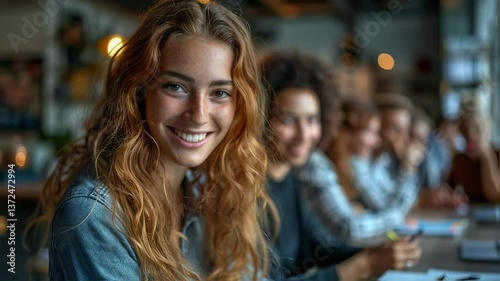 Wallpaper Mural Attractive young woman smiles at camera with friends during cafe meeting. Cheerful students collaborating on project Torontodigital.ca