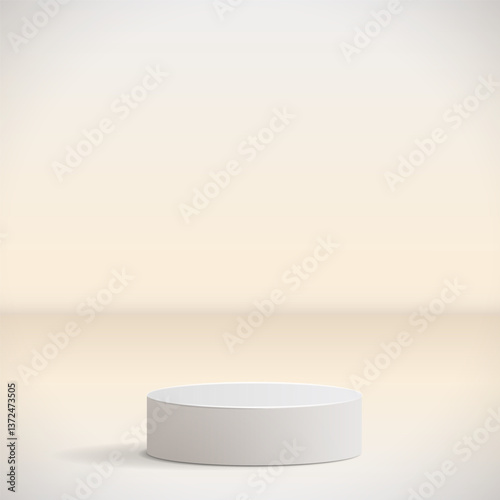 White cylindrical podium on light beige background. Vector 3D design template for product presentation