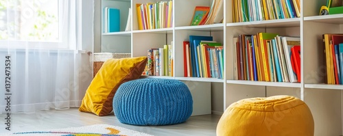 White wooden bookshelves create a charming and organized space in the children's room.