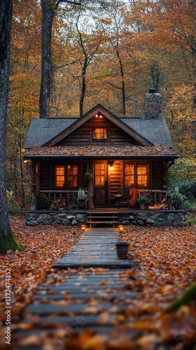 A cozy cabin nestled in a beautiful autumn colored forest setting