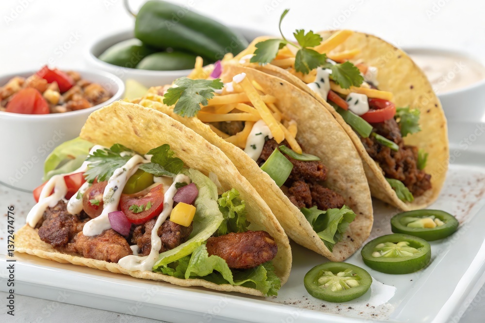 Tasty Tacos With Assorted Toppings on a White Platter Generative AI Tasty Tacos With Assorted Toppings on a White Platter Generative AI