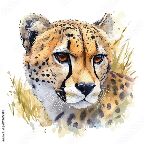 A watercolor vector of a cheetah, isolated on a white background. Cheetah vector.


