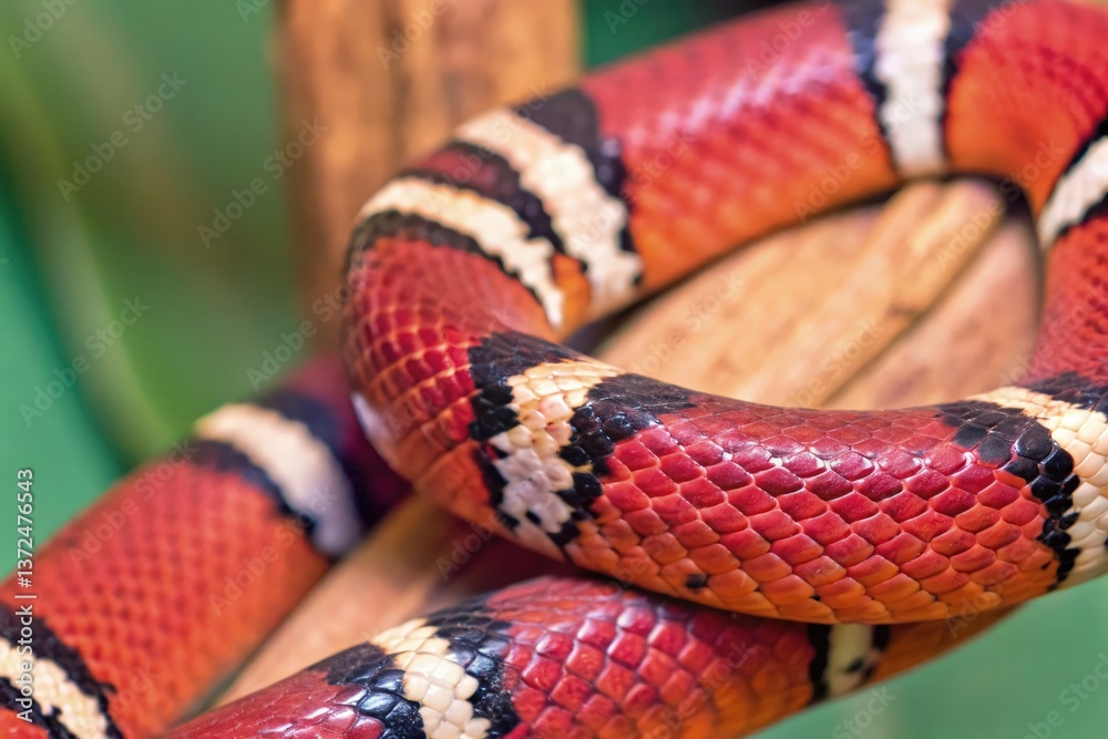 Fototapeta premium Vividly Colored Snake With Orange, White, and Black Patterns Generative AI