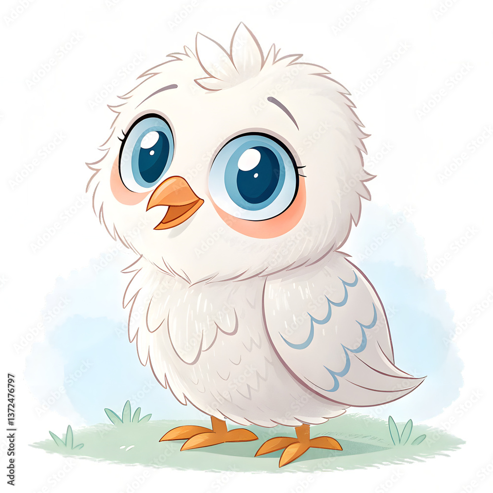 cute cartoon bird fluffy white feathers big blue 